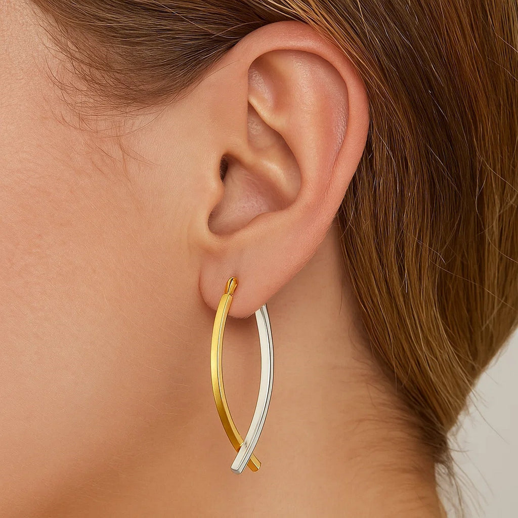 14k two-tone gold modern drop earrings featuring a double row design for an elegant, sophisticated look.