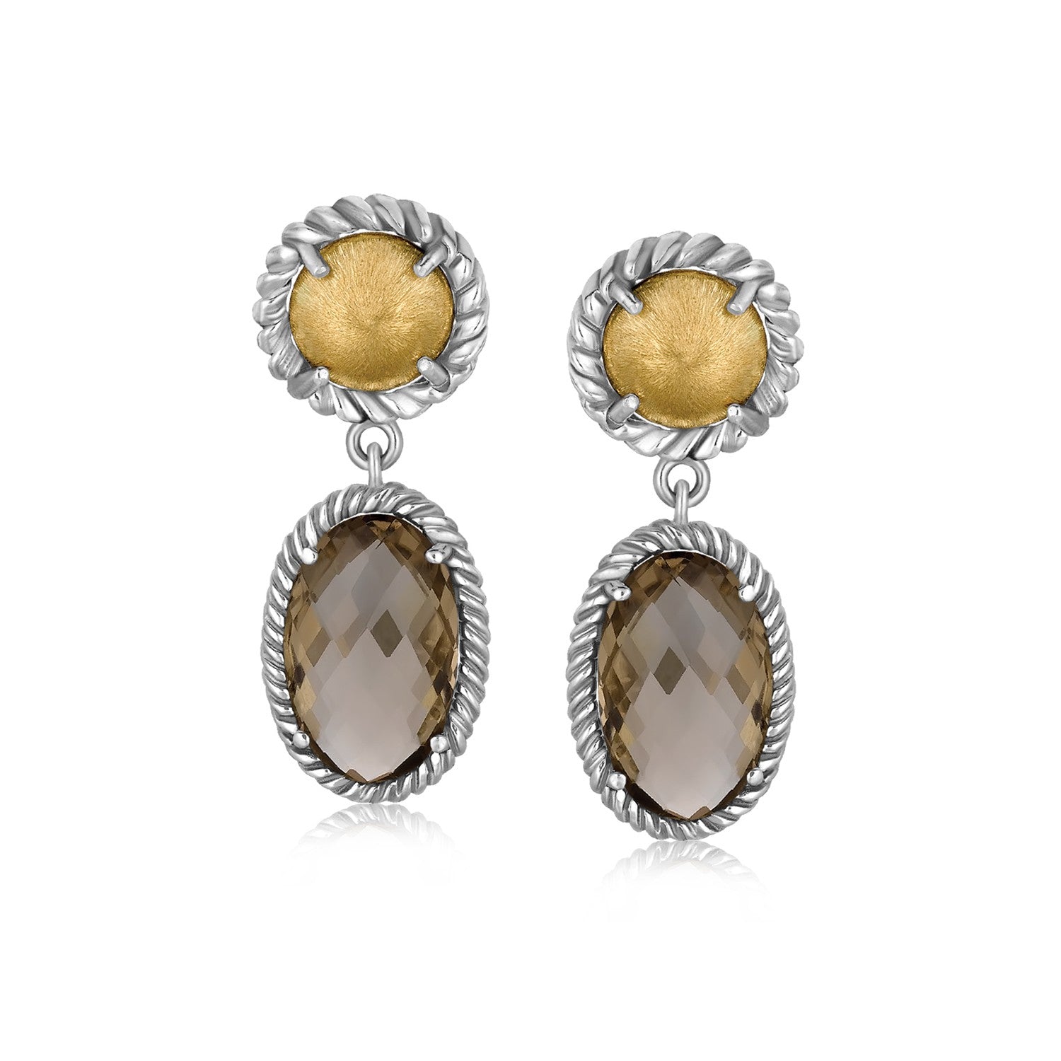 18K Yellow Gold and Sterling Silver Smokey Quartz Drop Earrings