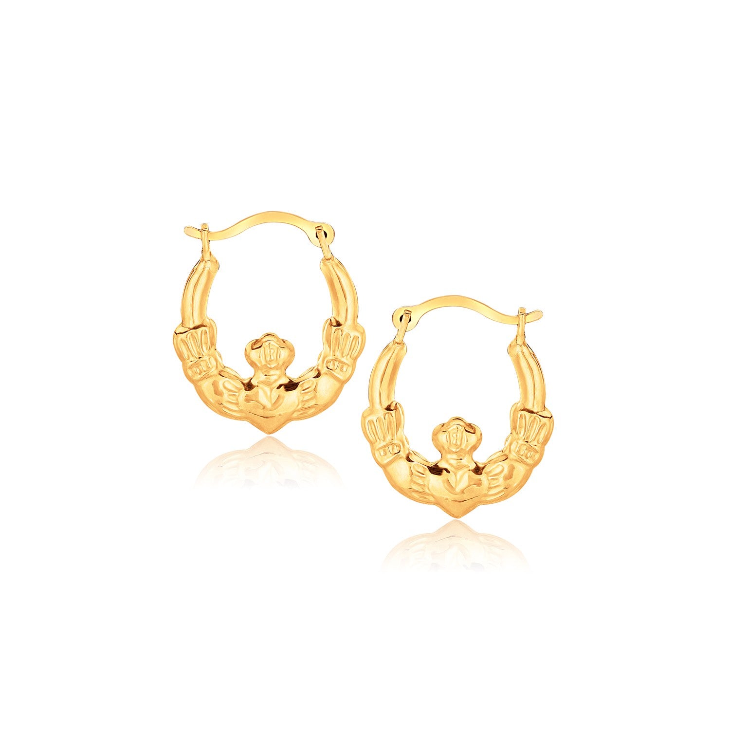 10k yellow gold Claddagh hoop earrings featuring a modern oval design, perfect for elegant occasions.