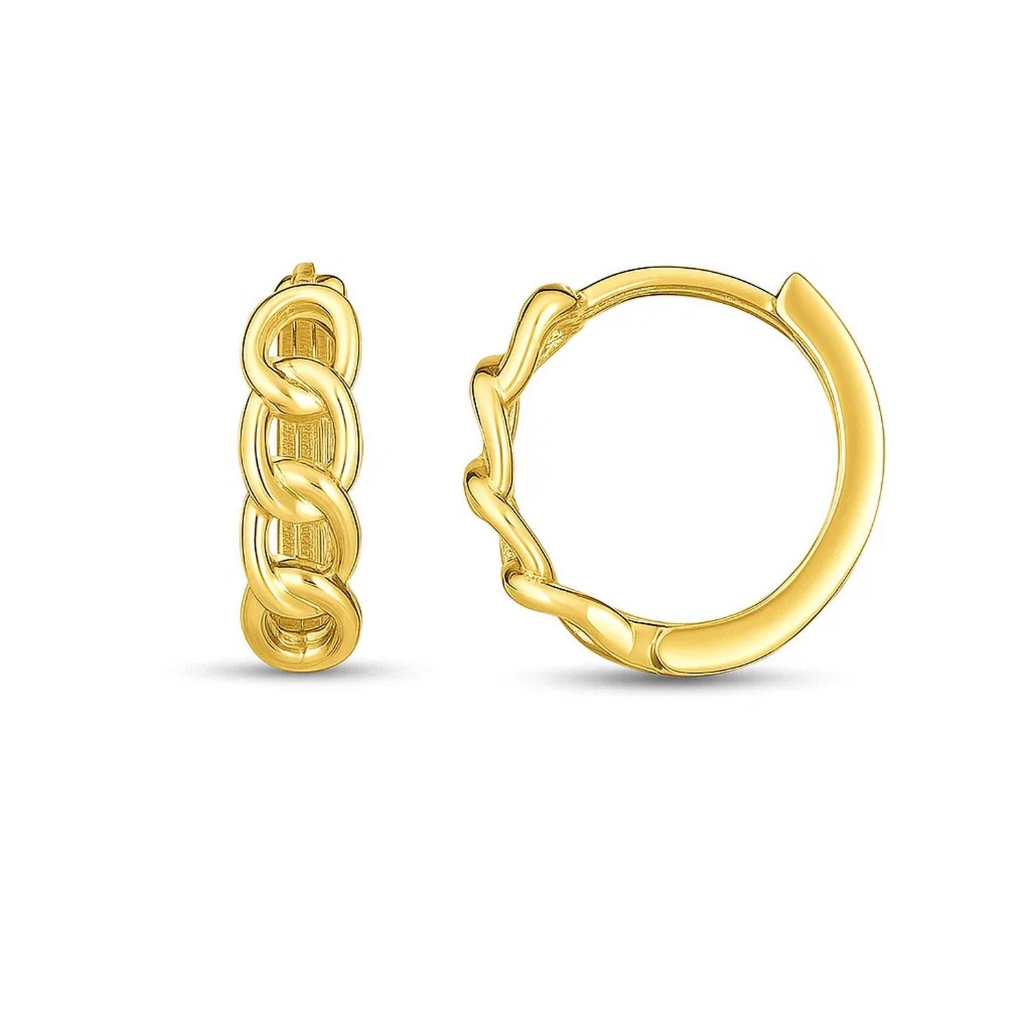 14k yellow gold huggie hoop earrings with a sleek modern design, perfect for elegant everyday wear.