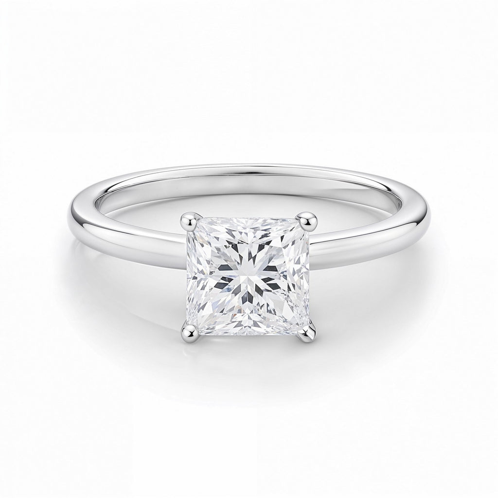 14k white gold modern solitaire ring featuring a 1 carat princess cut IGI G/VS1 diamond, showcasing timeless elegance.