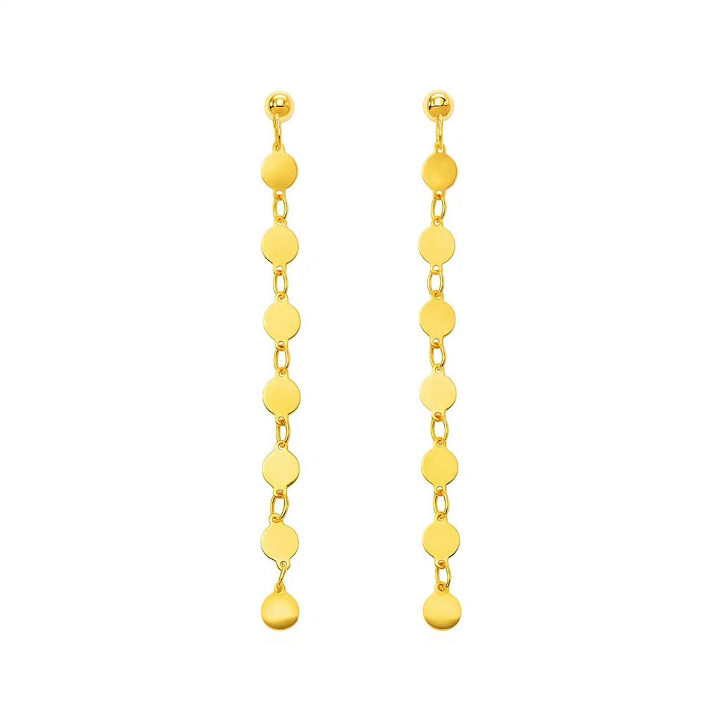 14k yellow gold polished circle dangle earrings featuring an elegant drop design for a timeless luxury look.