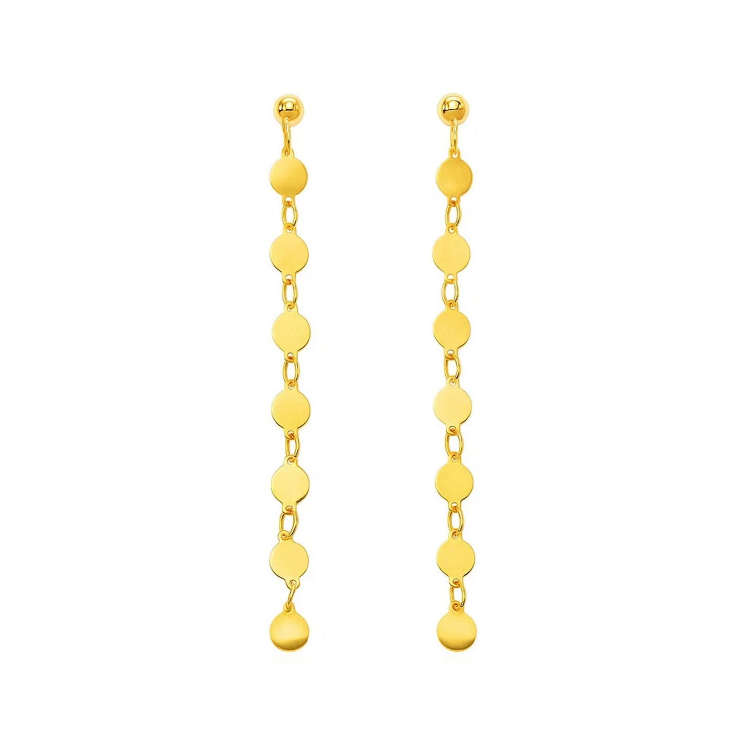 14k yellow gold polished circle dangle earrings featuring an elegant drop design for a timeless luxury look.