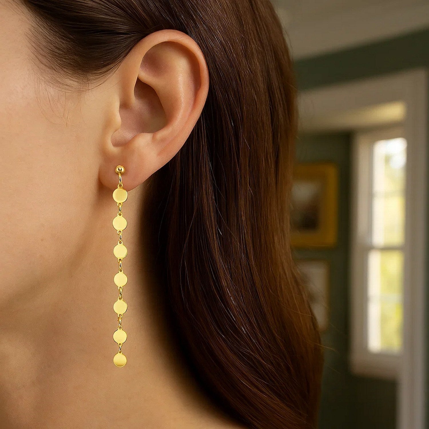 14k yellow gold polished circle dangle earrings featuring an elegant drop design for a luxurious touch.