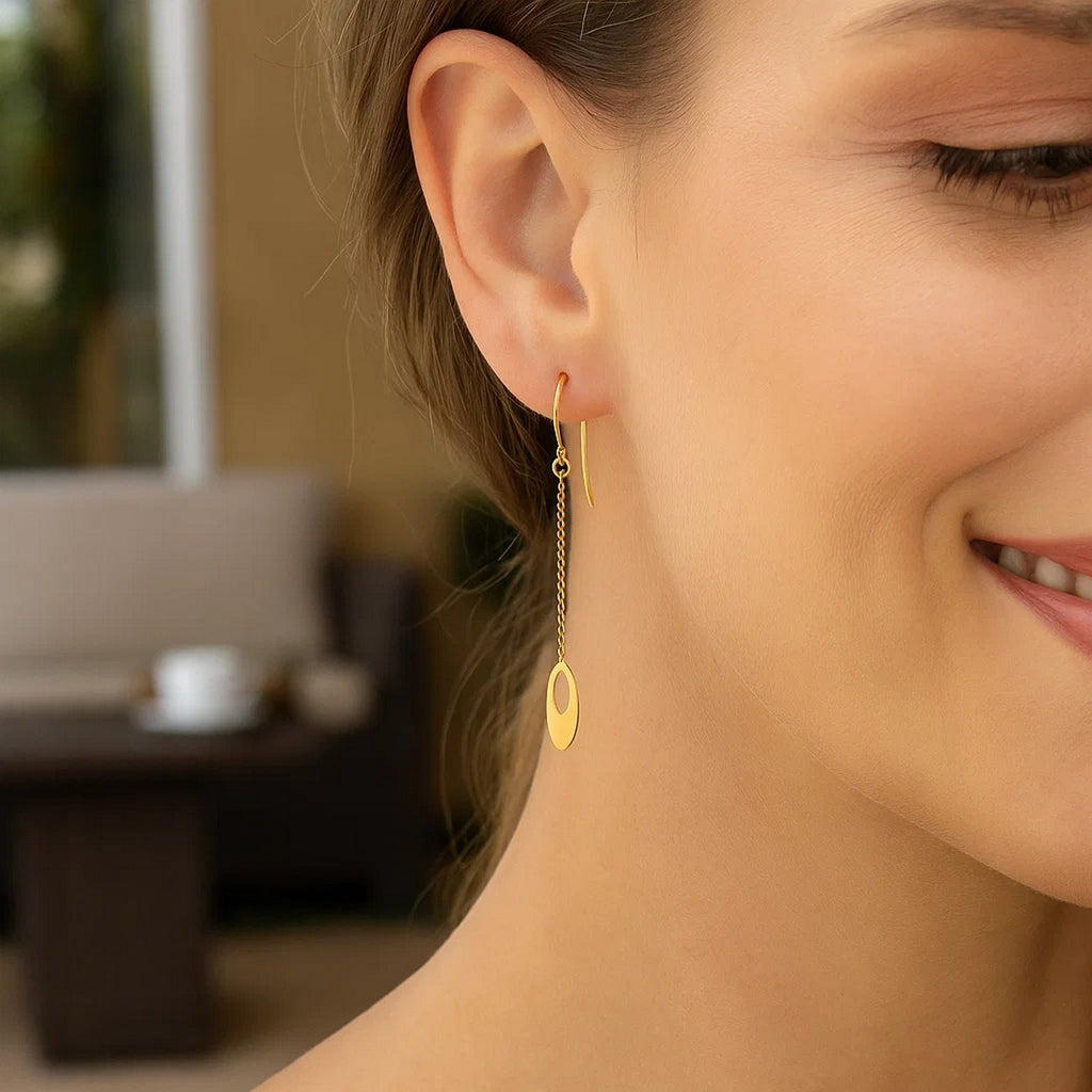 14k yellow gold chain link dangle earrings with modern oval design and elegant stud fastening.