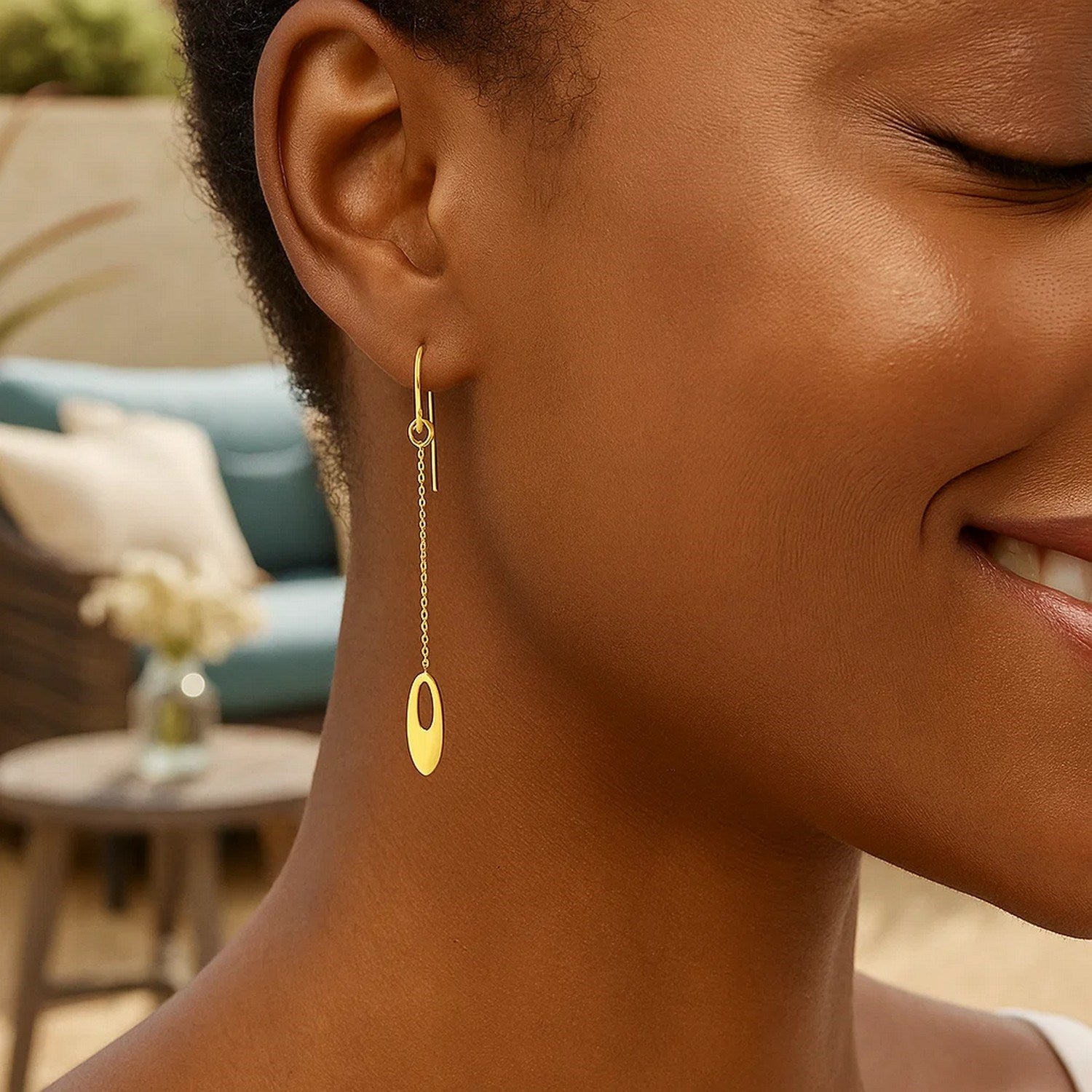 14k yellow gold chain link dangle earrings with modern oval stud design, perfect for elegant occasions.