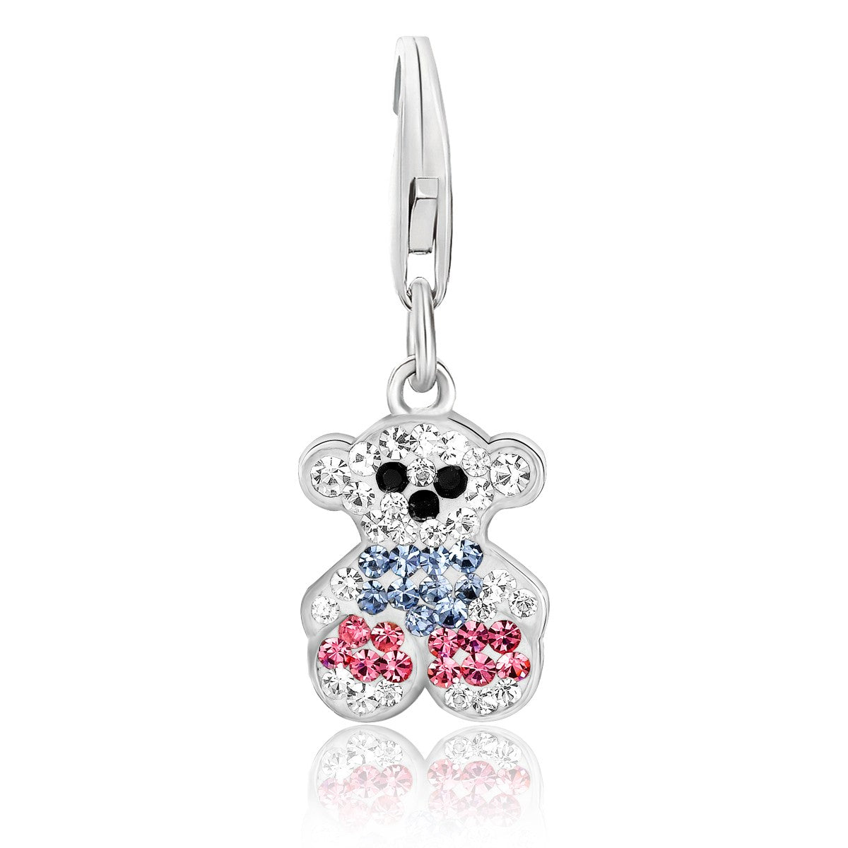 Sterling silver bear charms adorned with multi-color crystals, exuding elegance and luxury for charm bracelets.