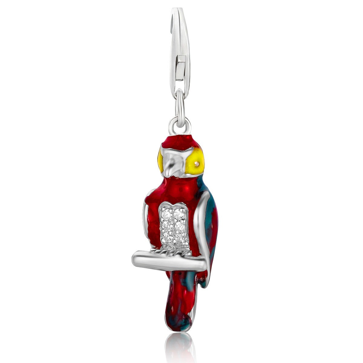 Sterling silver parrot charm adorned with white tone crystals, elegantly designed for a refined jewelry collection.