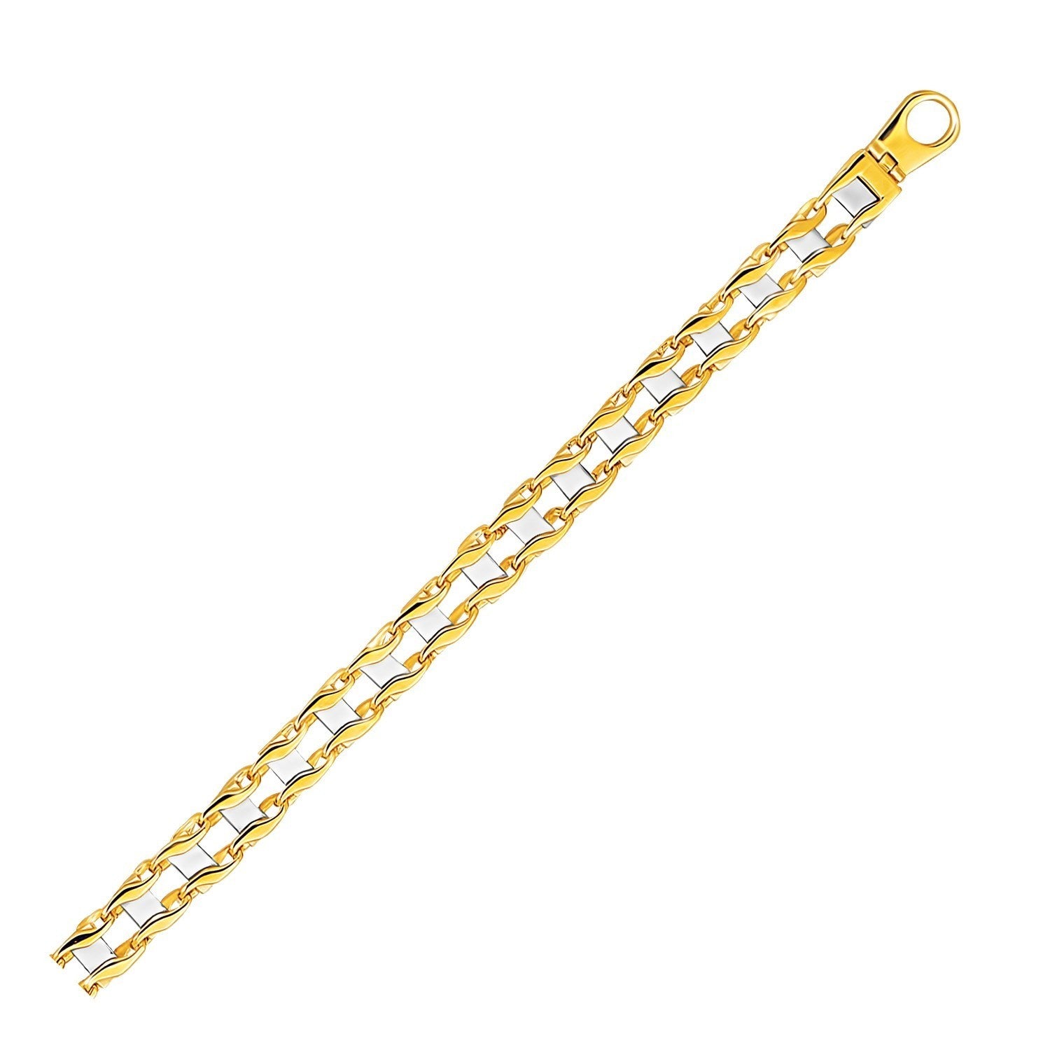 14k two-tone gold men's bracelet featuring contemporary S-style bar links, elegant and refined for luxury wear.