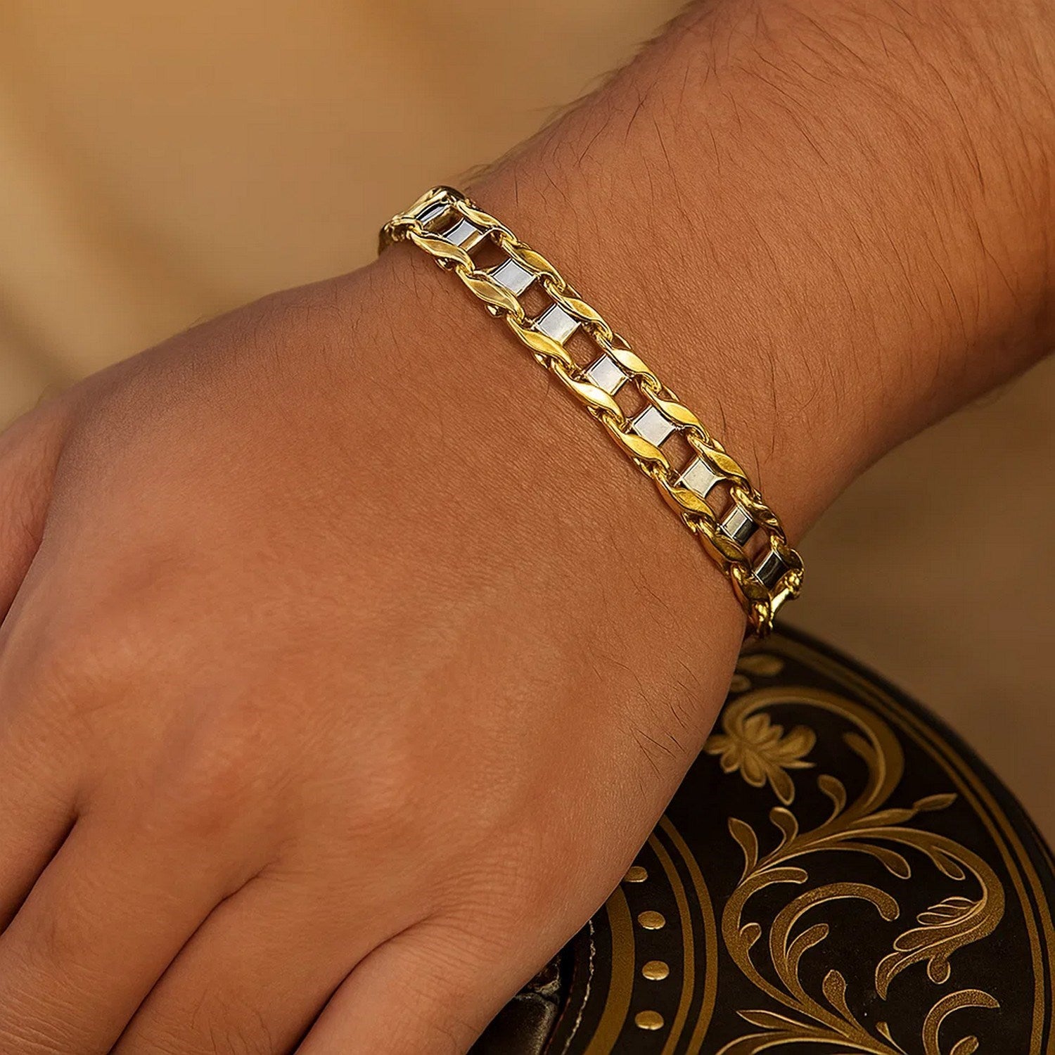 14k two-tone gold men's bracelet featuring contemporary S-style bar links, elegantly crafted for modern sophistication.