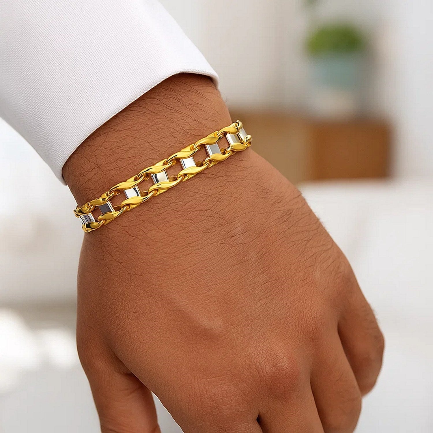 14k two-tone gold men's bracelet featuring contemporary S-style bar links, elegantly crafted for a luxurious look.