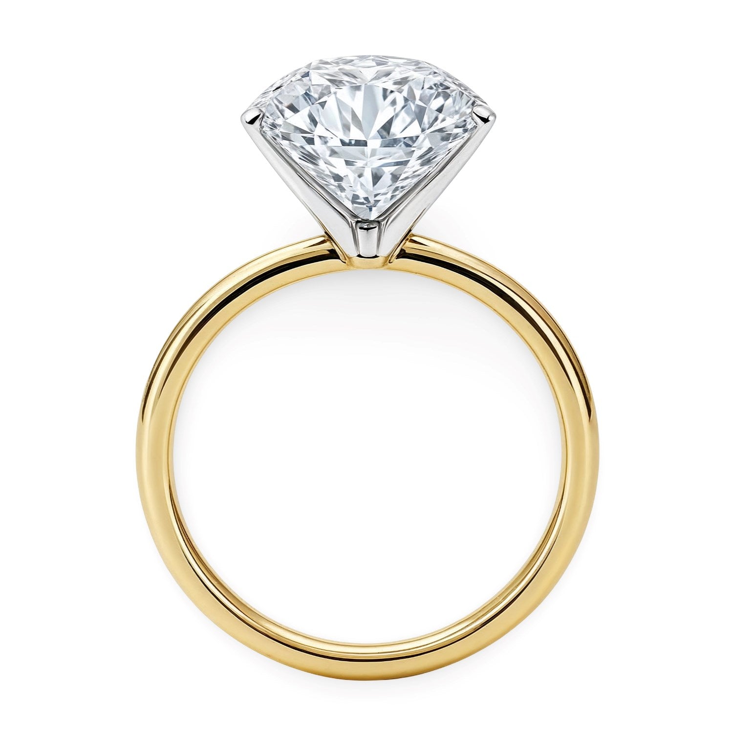 5 carat round lab-grown diamond solitaire ring in 10K yellow gold with elegant prong setting, modern design.