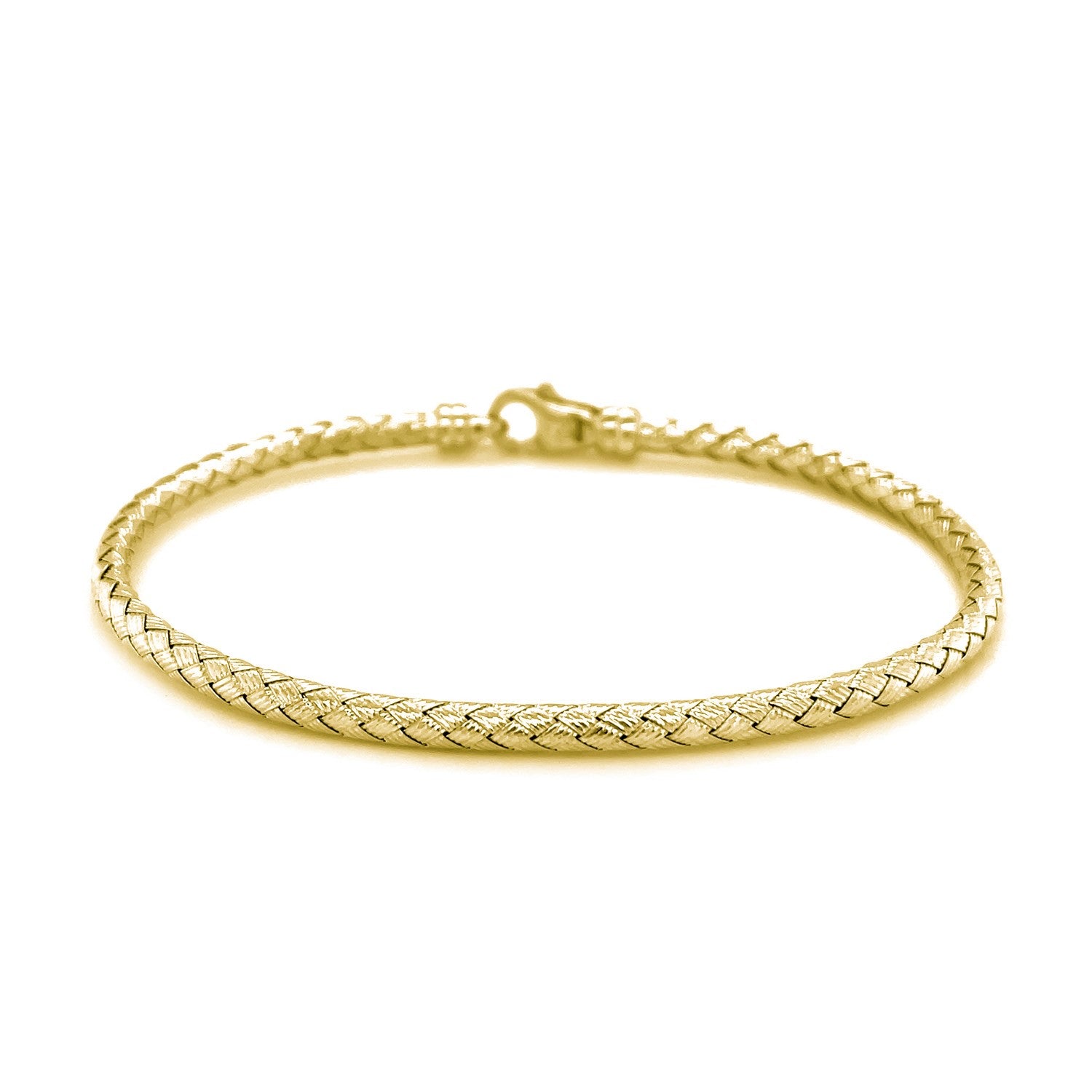 Fancy weave bangle in 14k yellow gold, minimalist design, showcasing luxury craftsmanship and timeless elegance.