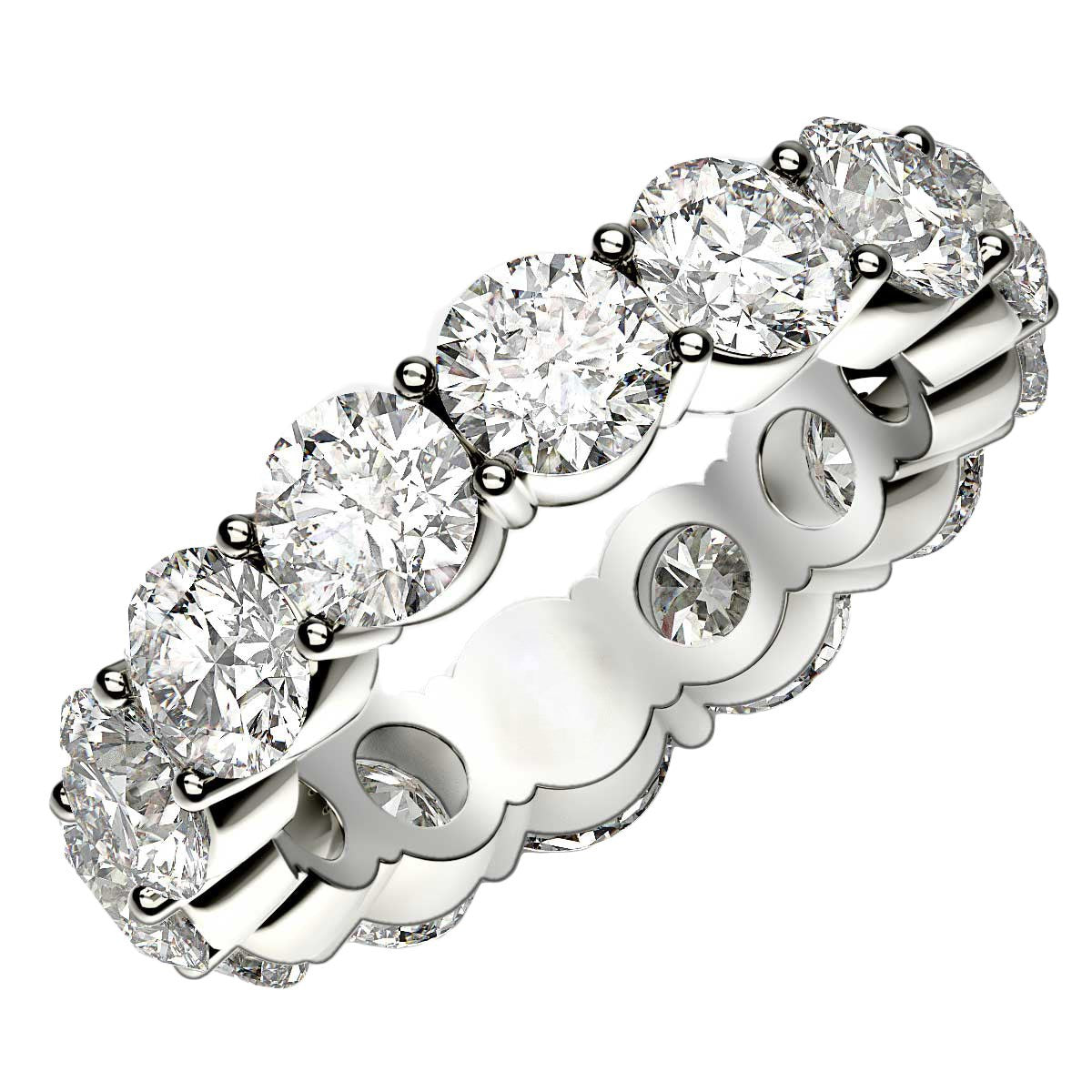 Round cut lab-grown diamond eternity ring in 14k white gold, featuring a modern prong setting and 6 cttw brilliance.