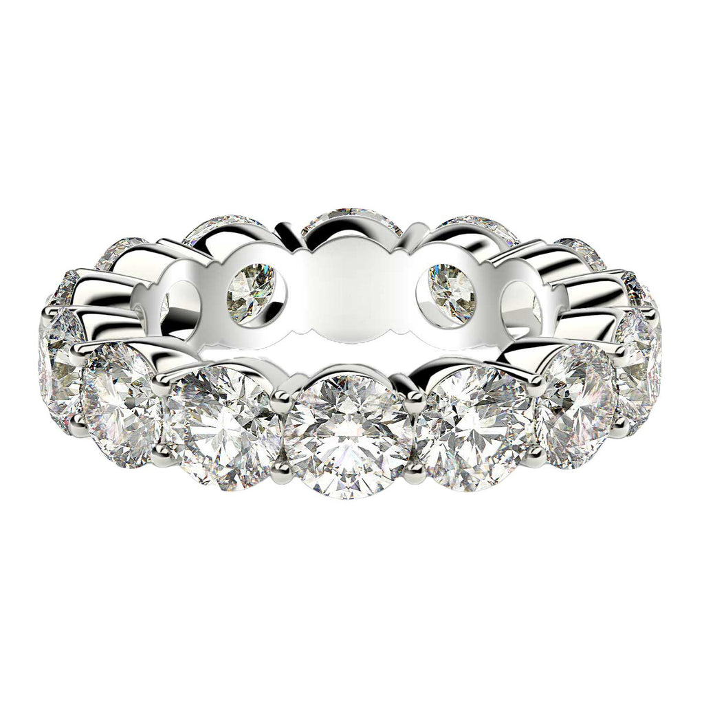 Round cut lab-grown diamond eternity ring in 14k white gold, featuring a modern prong setting and 6 cttw brilliance.