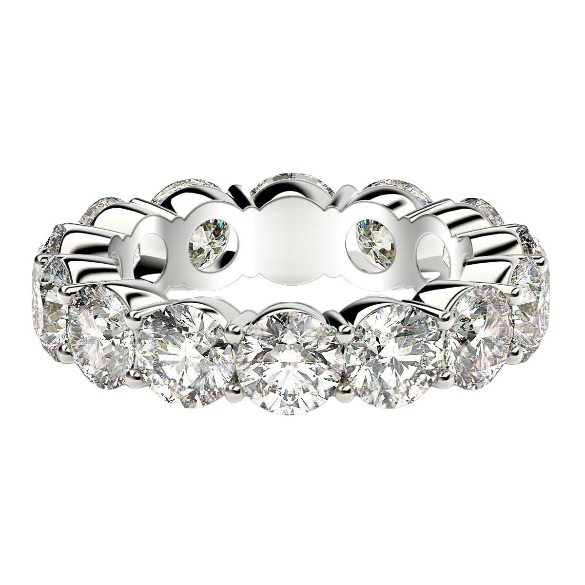 Round cut lab-grown diamond eternity ring in 14k white gold, featuring a modern prong setting and 6 cttw brilliance.