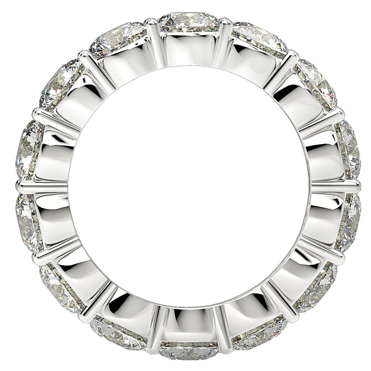 Round cut lab-grown diamond eternity ring in 14k white gold, featuring a modern prong setting and 6 cttw brilliance.