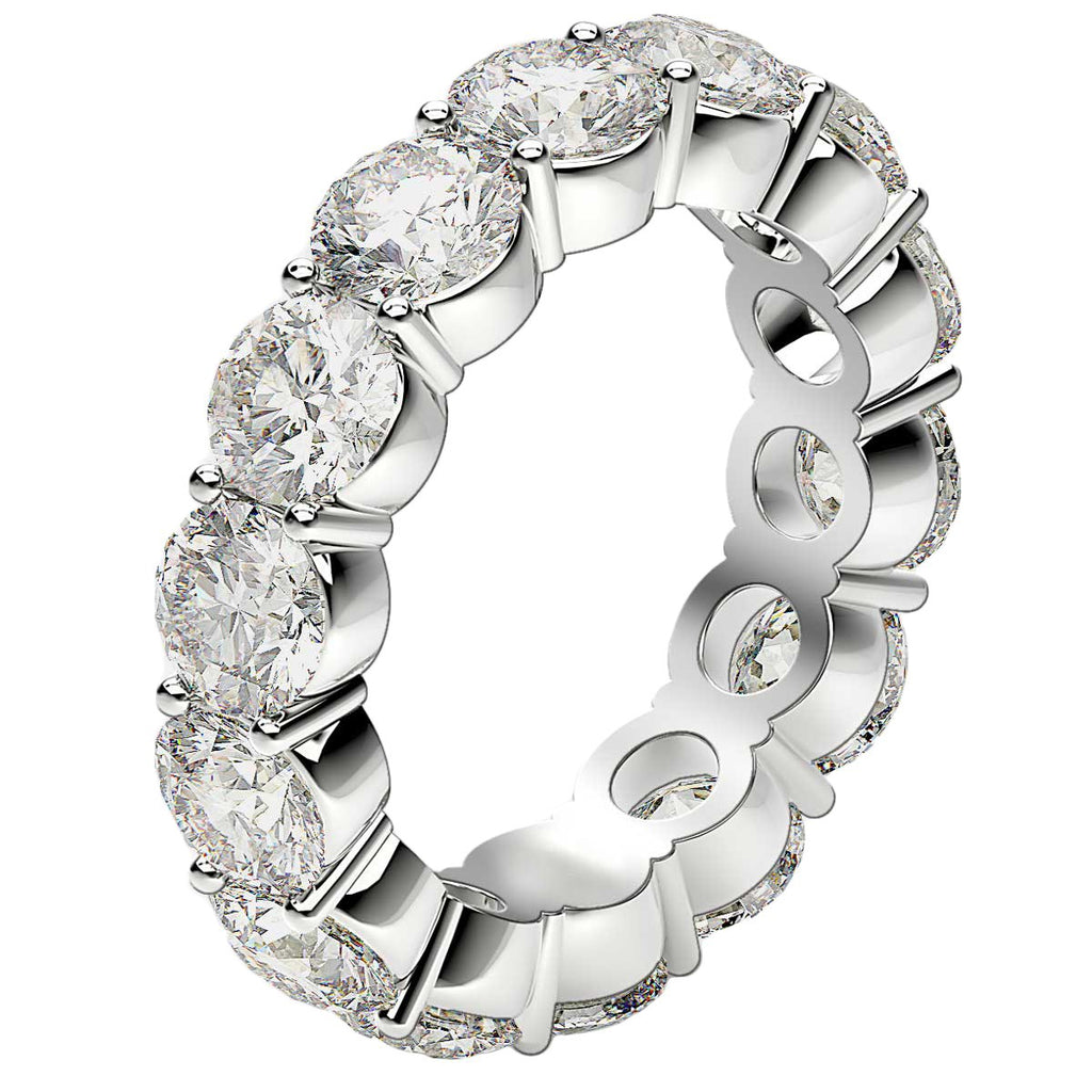 Round cut lab-grown diamond eternity ring in 14k white gold, featuring a modern prong setting and 6 cttw brilliance.