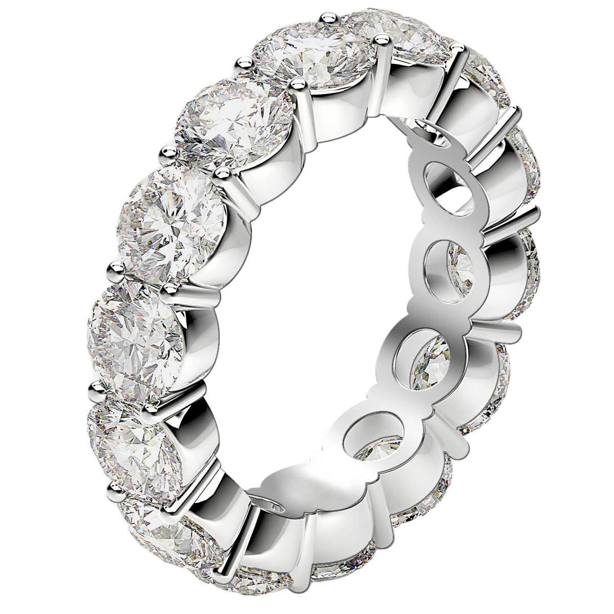 Round cut lab-grown diamond eternity ring in 14k white gold, featuring a modern prong setting and 6 cttw brilliance.