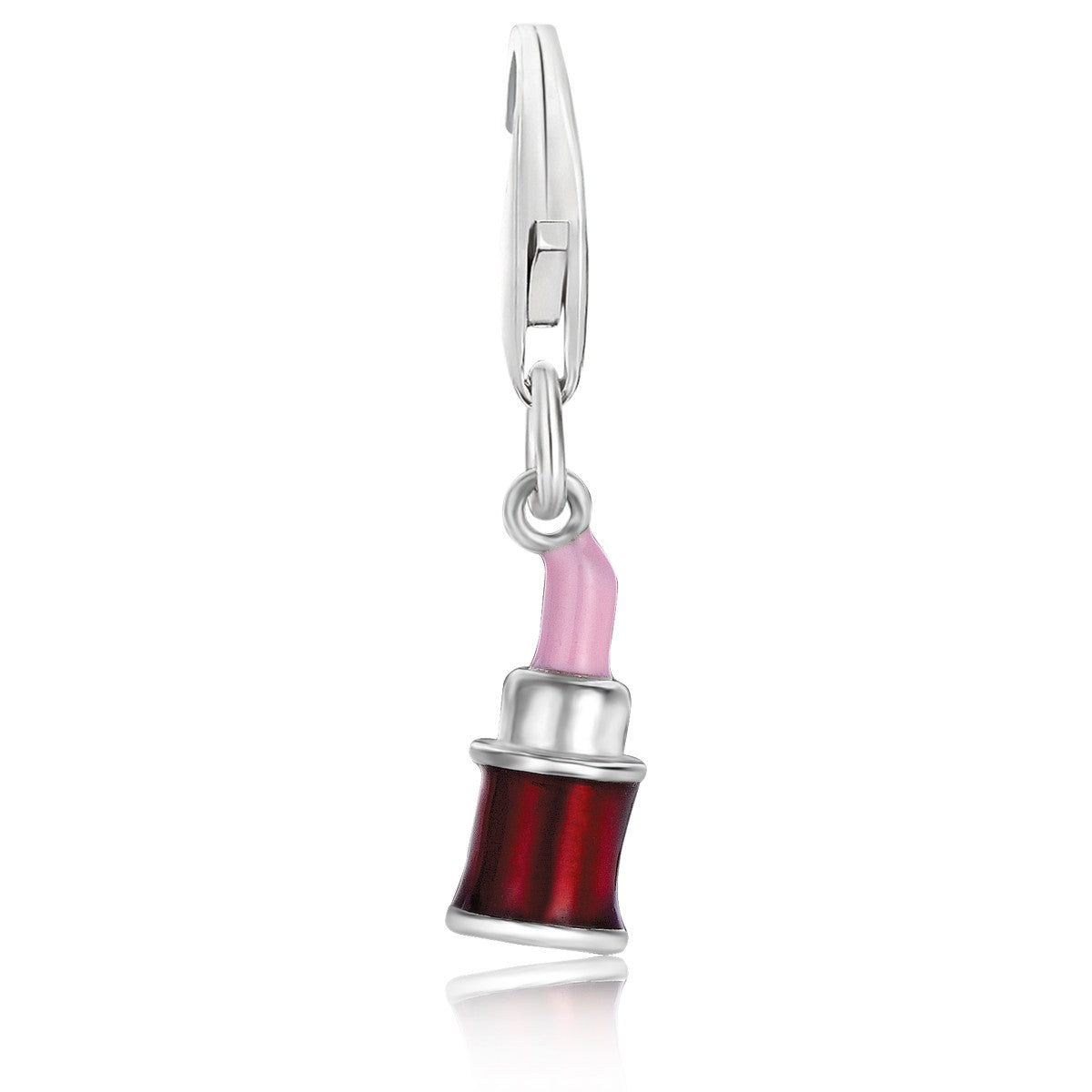 Sterling silver lipstick style charms featuring vibrant pink and red enamel finish for a modern luxury touch.