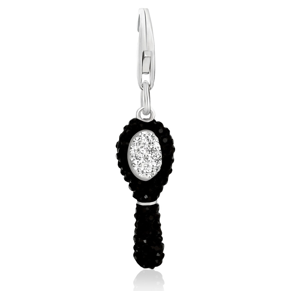 Sterling silver mirror charm adorned with black and white crystal embellishments, showcasing modern luxury design.