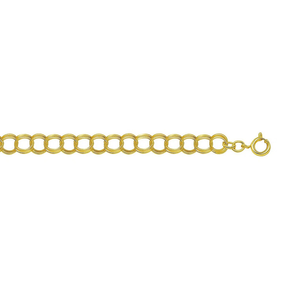 14k yellow gold modern triple link charm bracelet showcasing elegant design and luxurious craftsmanship.