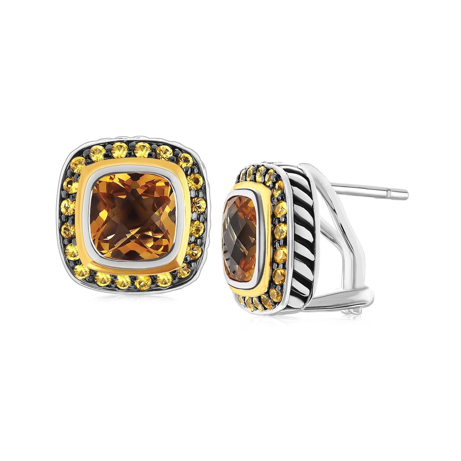 18K Yellow Gold and Sterling Silver Citrine Pave Set Sapphire Earrings