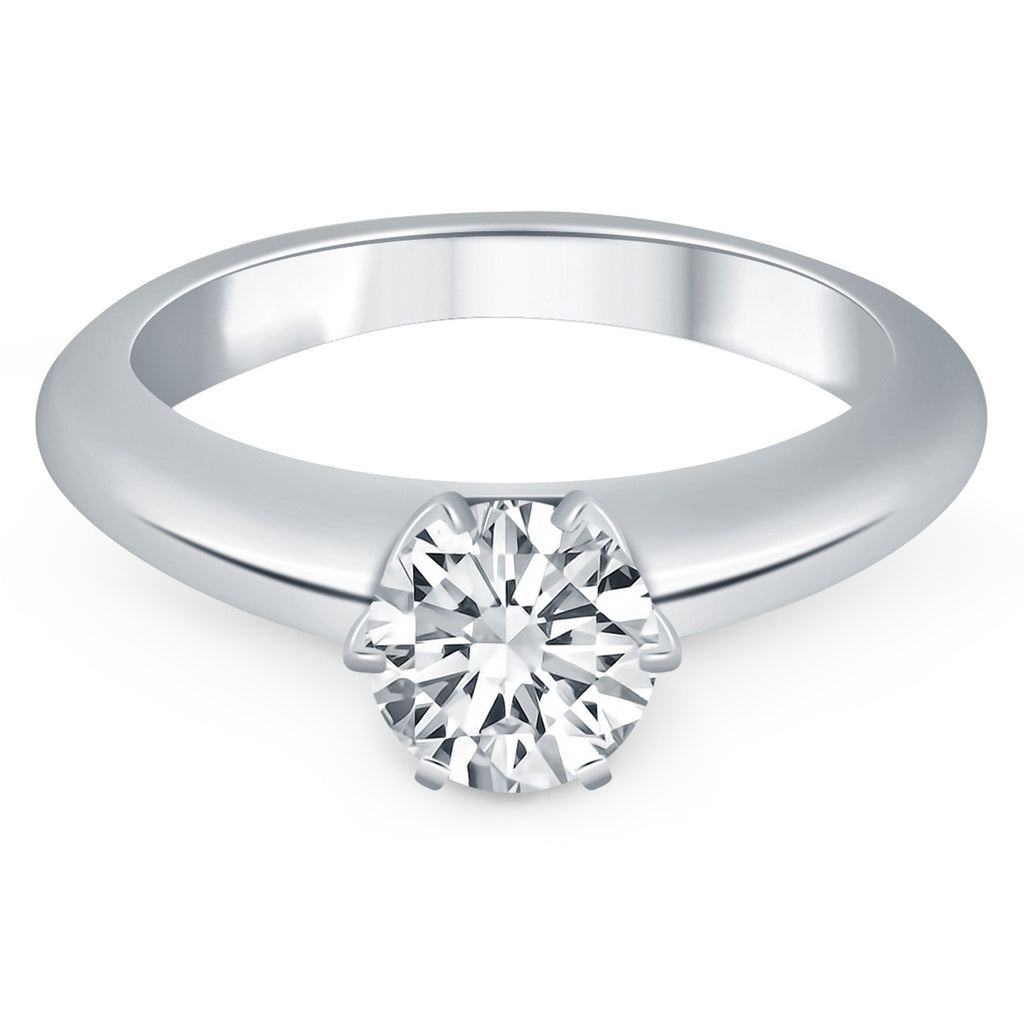 Elegant 14k white gold cathedral engagement ring featuring a stunning round diamond solitaire.