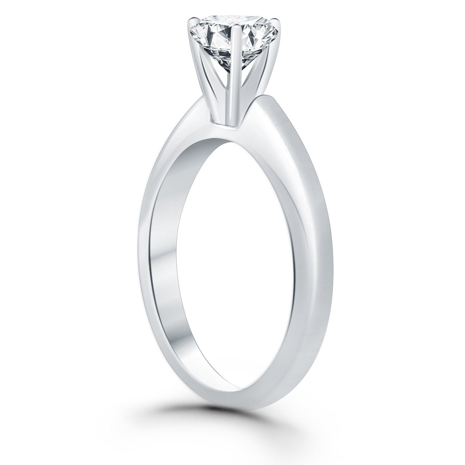 Elegant 14k white gold cathedral engagement ring featuring a stunning round diamond solitaire centerpiece.