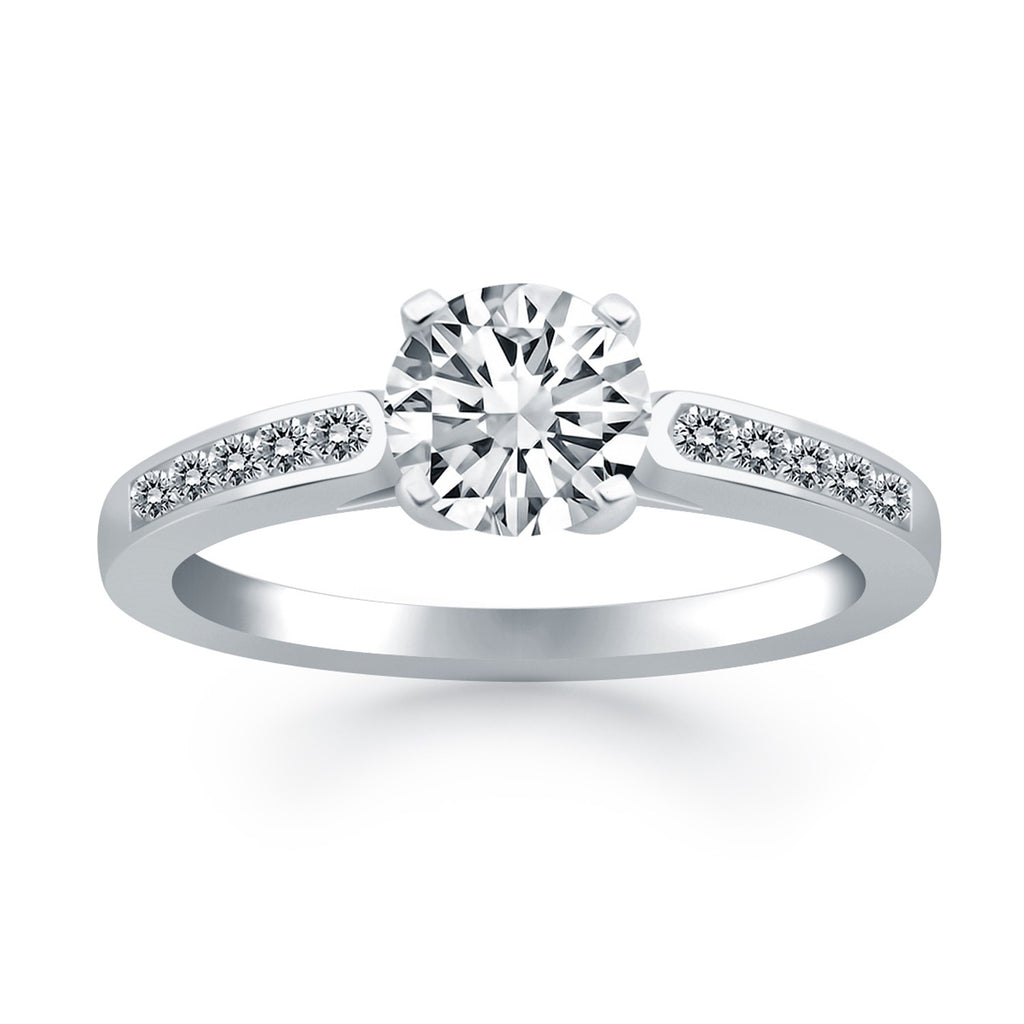 14k white gold diamond channel cathedral engagement ring with a modern prong setting and exquisite round diamonds.