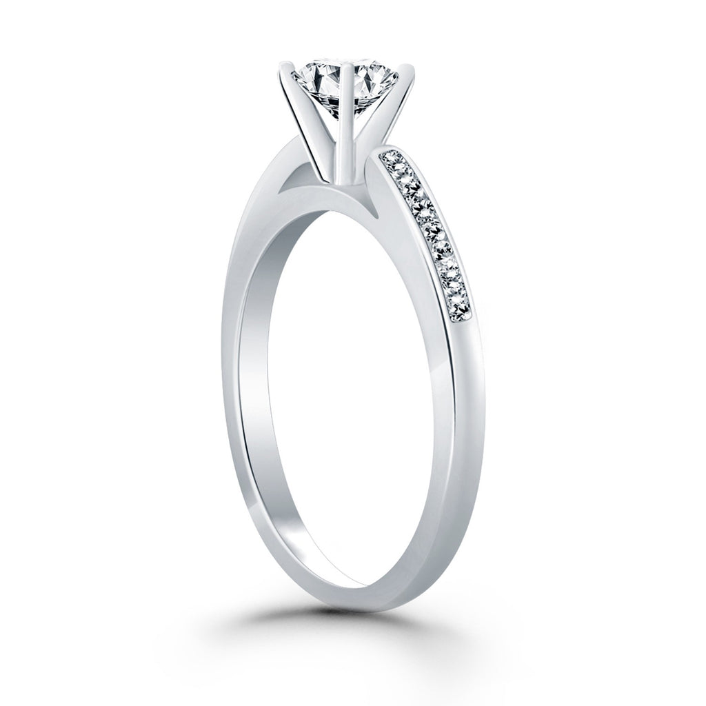 14k white gold diamond channel cathedral engagement ring featuring a stunning round brilliant stone in a modern design.