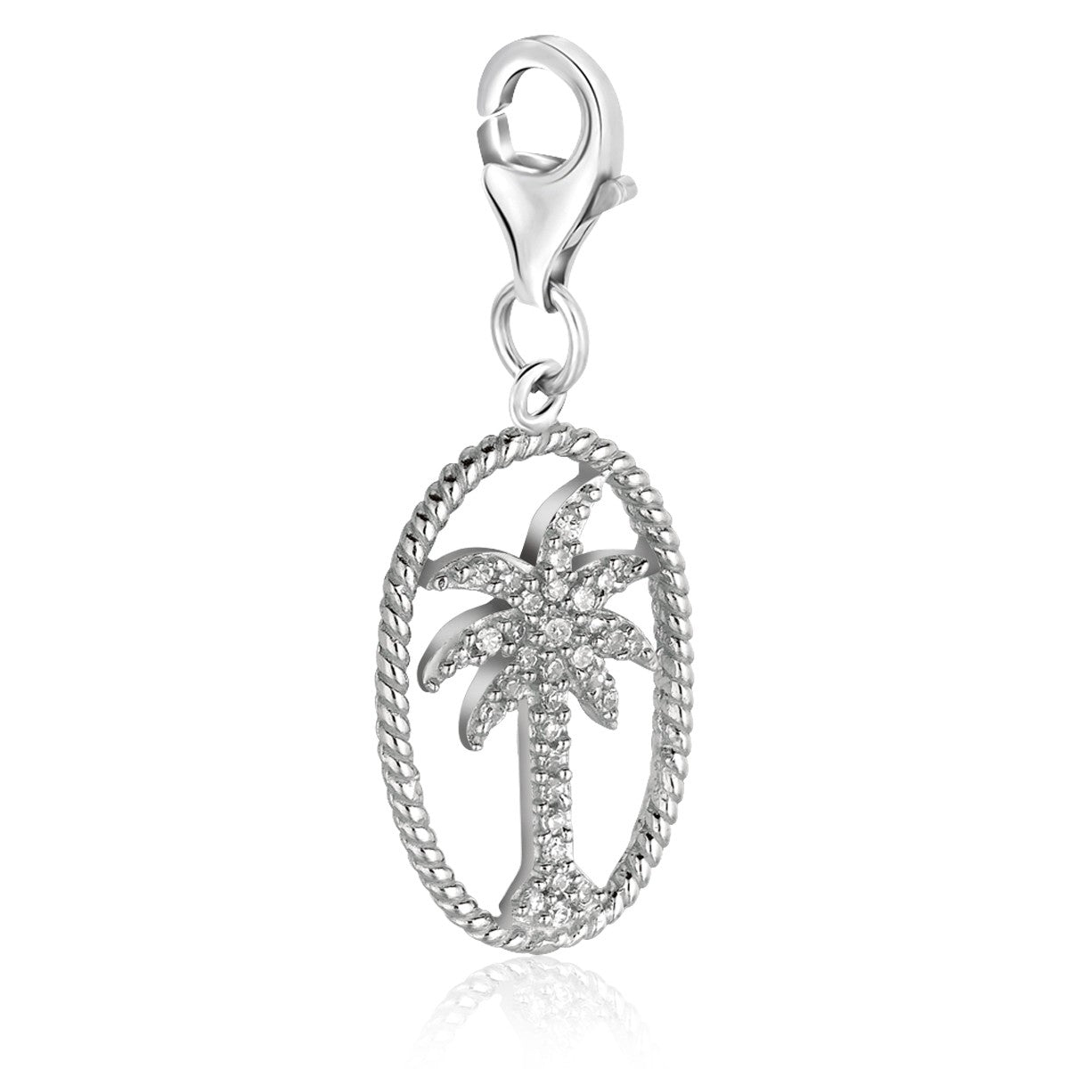 Sterling silver palm tree charms with elegant oval border, perfect for adding a touch of luxury to your jewelry collection.