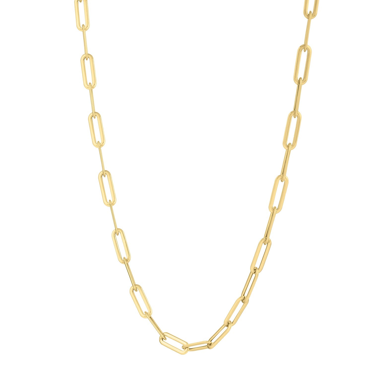 Long domed paperclip necklace in elegant 14k yellow gold with refined round links, perfect for luxurious layering.