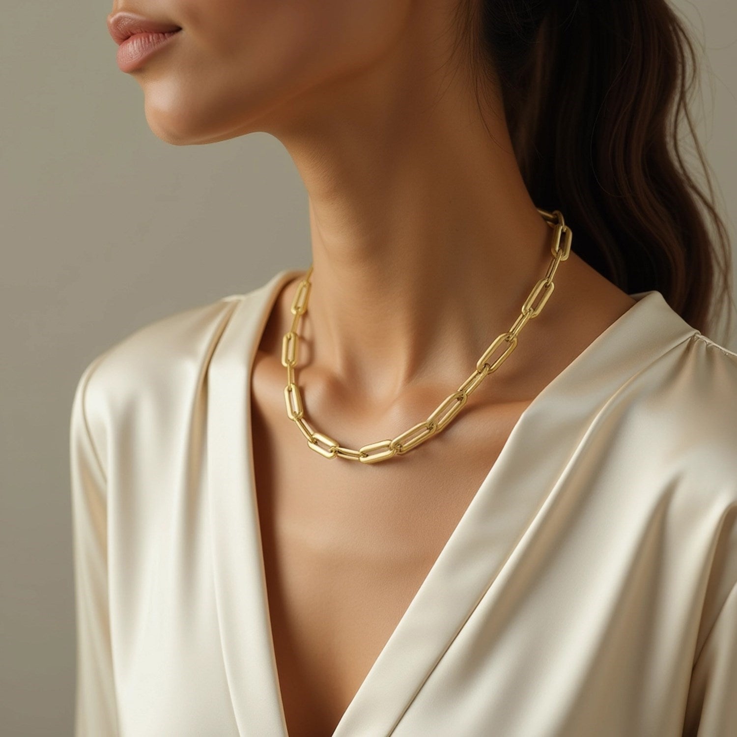 Long domed paperclip necklace in elegant 14k yellow gold, featuring refined round links for a timeless look.