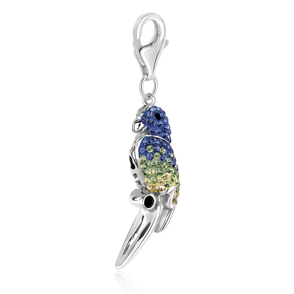 Sterling silver parrot charm with blue and green crystal accents, elegantly designed for a luxurious jewelry collection.