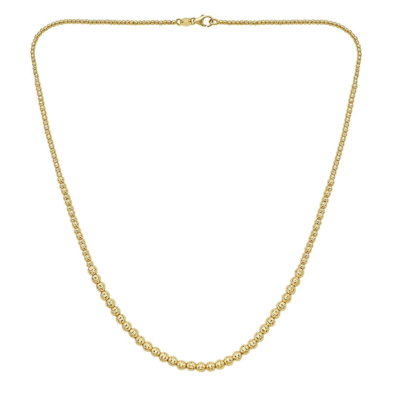 Graduated bead necklace in 14k yellow gold adorned with sparkling diamonds, showcasing modern luxury design.
