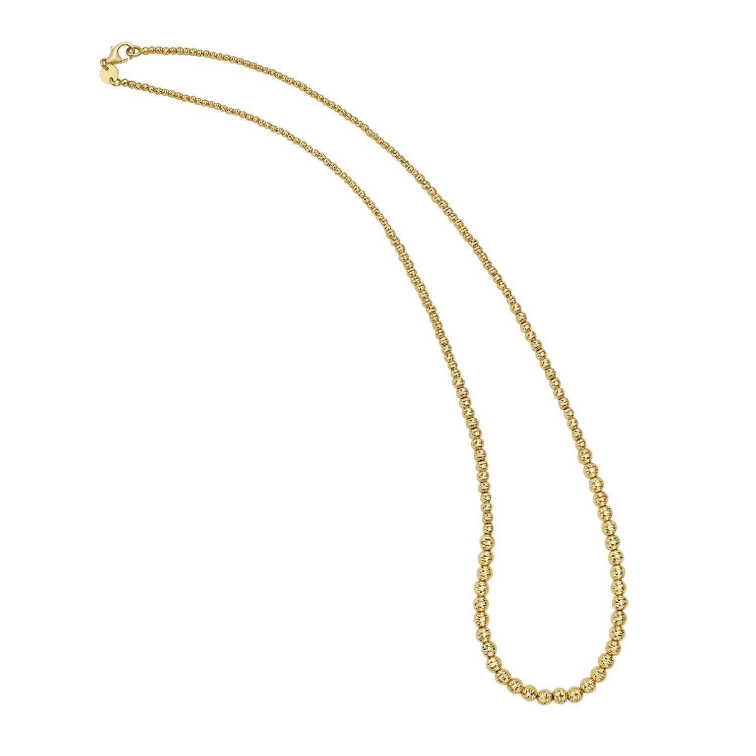 Graduated bead necklace in 14k yellow gold featuring exquisite diamonds, showcasing modern luxury design.