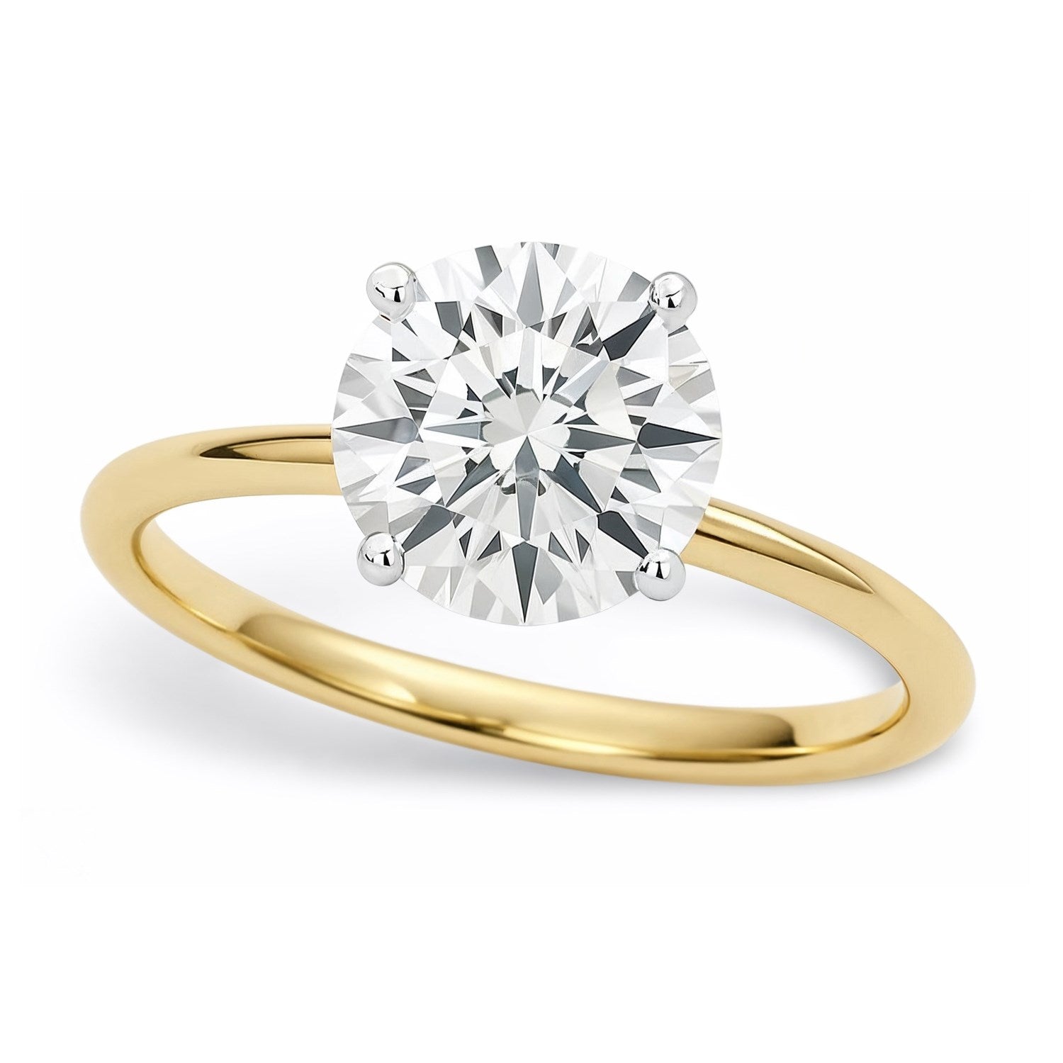 1 1/2 carat round lab-grown diamond solitaire ring in 10K yellow gold with elegant prong setting, modern luxury design.