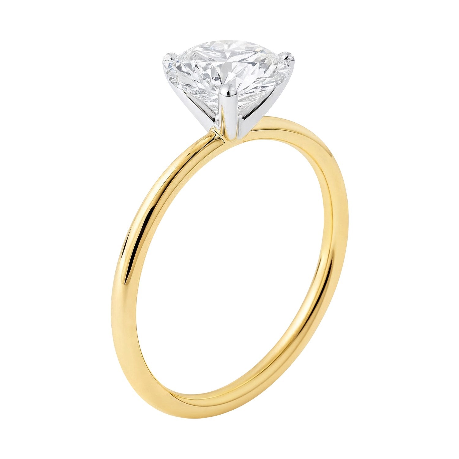 1 1/2 carat round lab-grown diamond solitaire ring in 10K yellow gold with elegant prong setting, showcasing modern luxury.