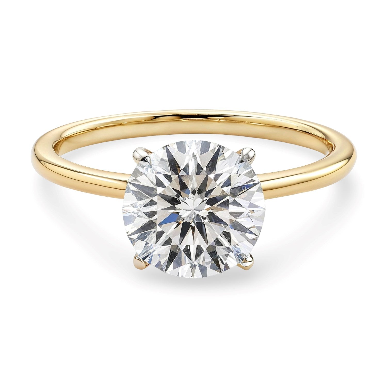 1 1/2 carat round lab-grown diamond solitaire ring in 10K yellow gold with elegant prong setting, modern design.