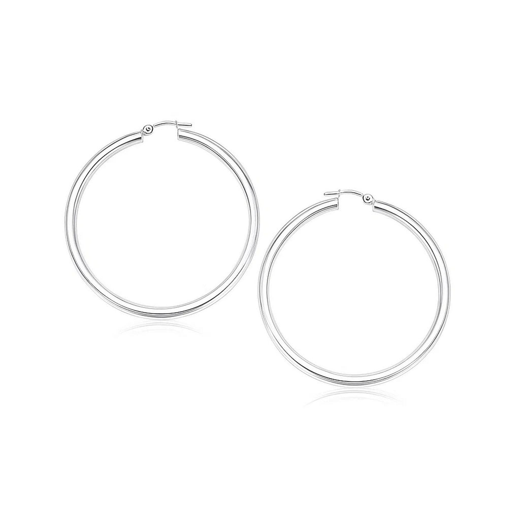 14k white gold polished hoop earrings with a sleek modern design, perfect for elegant everyday wear.