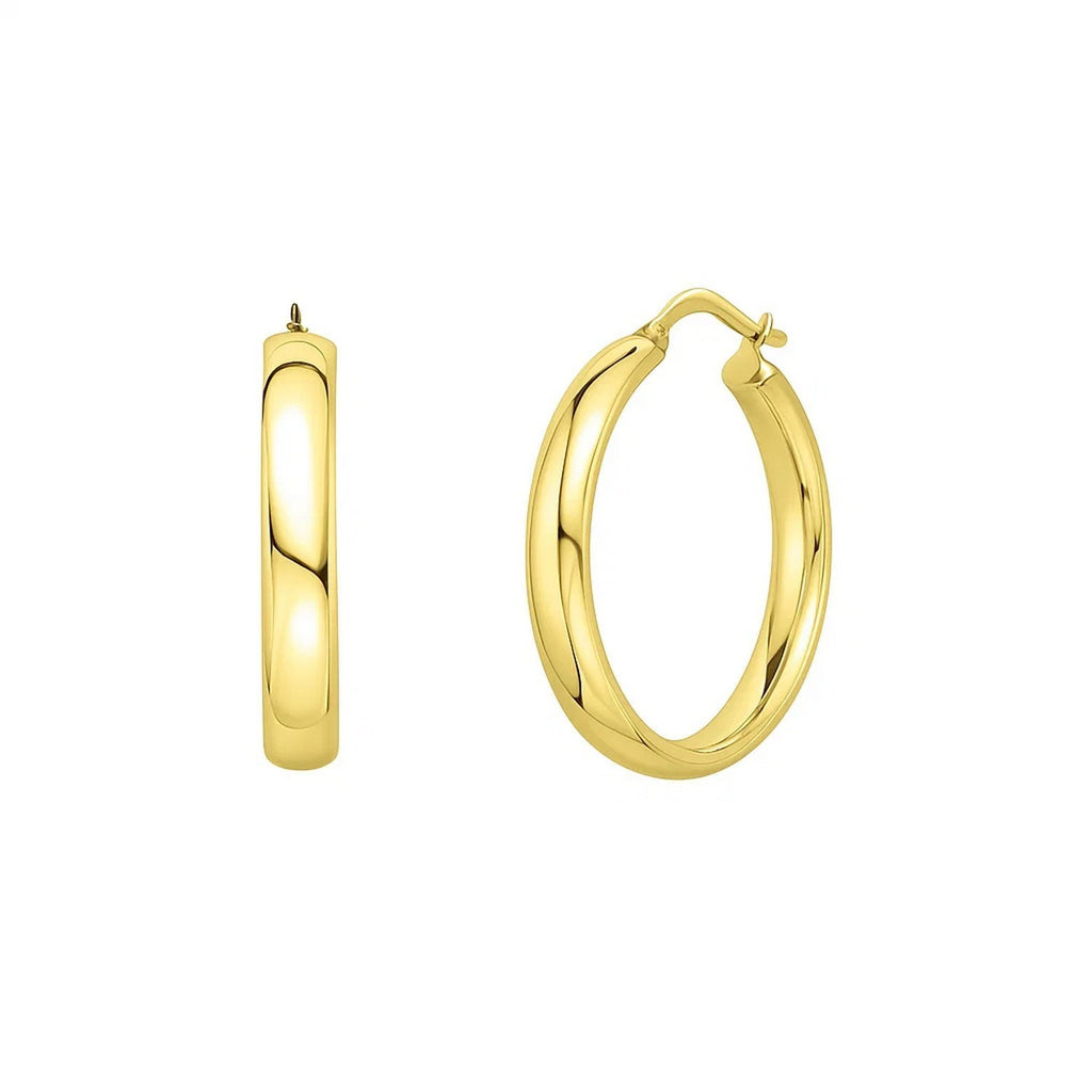 14k yellow gold polished hoop earrings with a sleek modern design, perfect for elegant everyday wear.