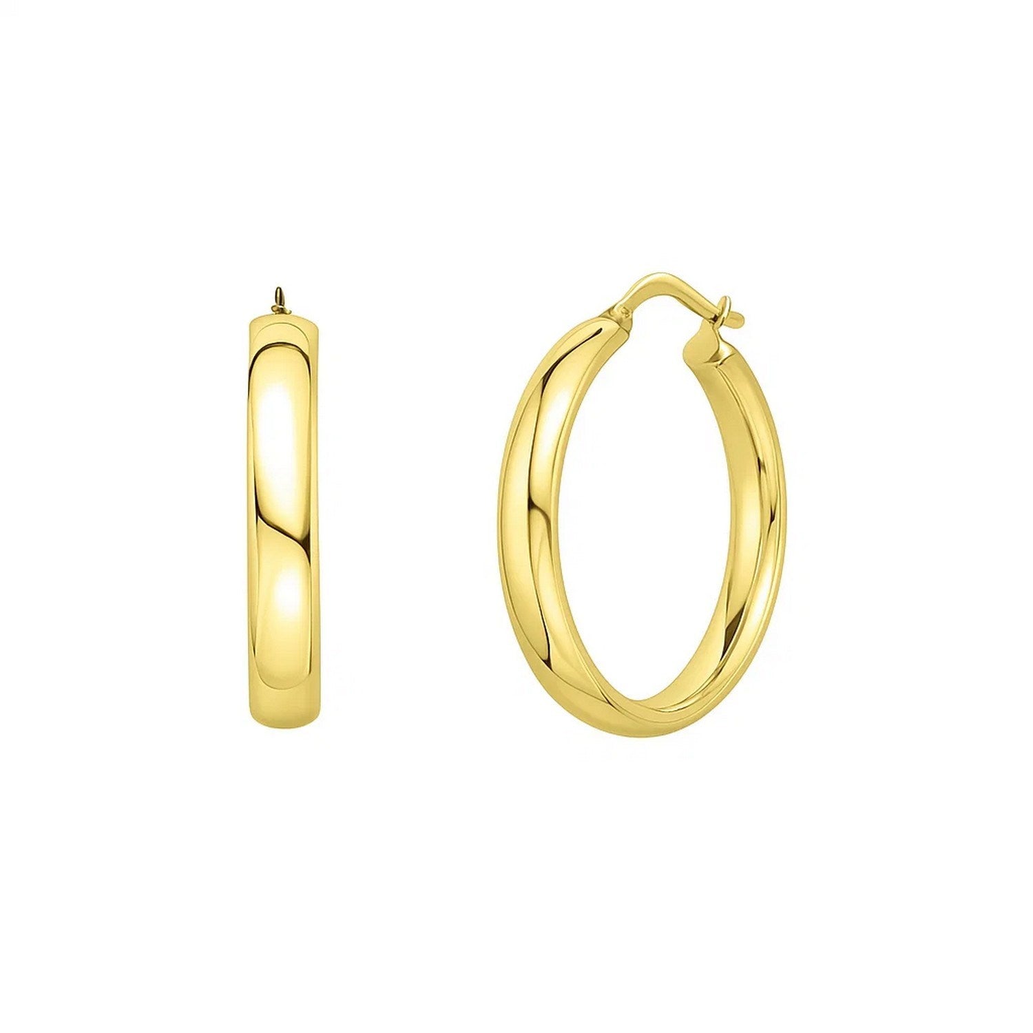 14k yellow gold polished hoop earrings with a sleek modern design, perfect for elegant everyday wear.