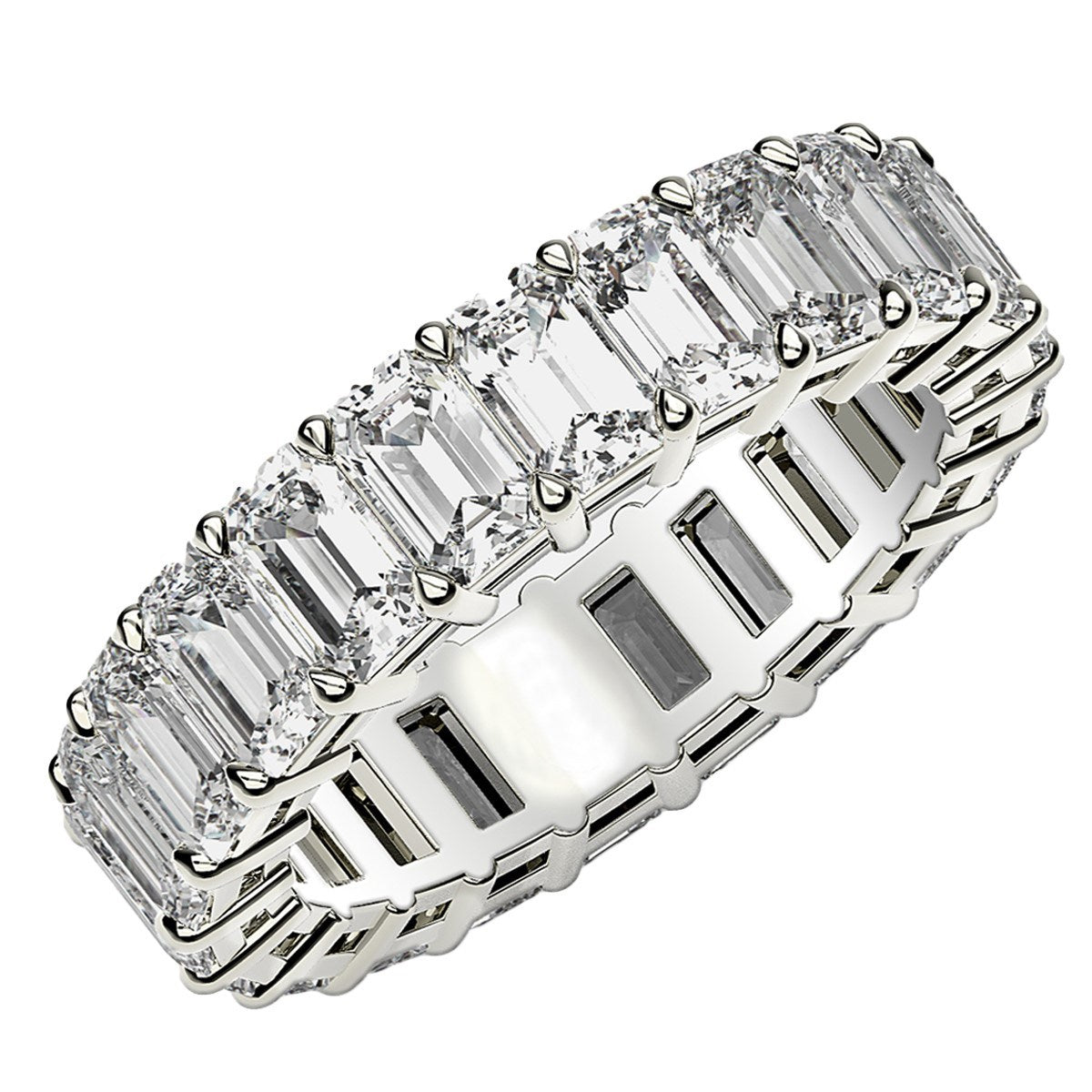 Emerald cut lab-grown diamond eternity ring in 14k white gold, featuring a modern prong setting and 5 cttw brilliance.