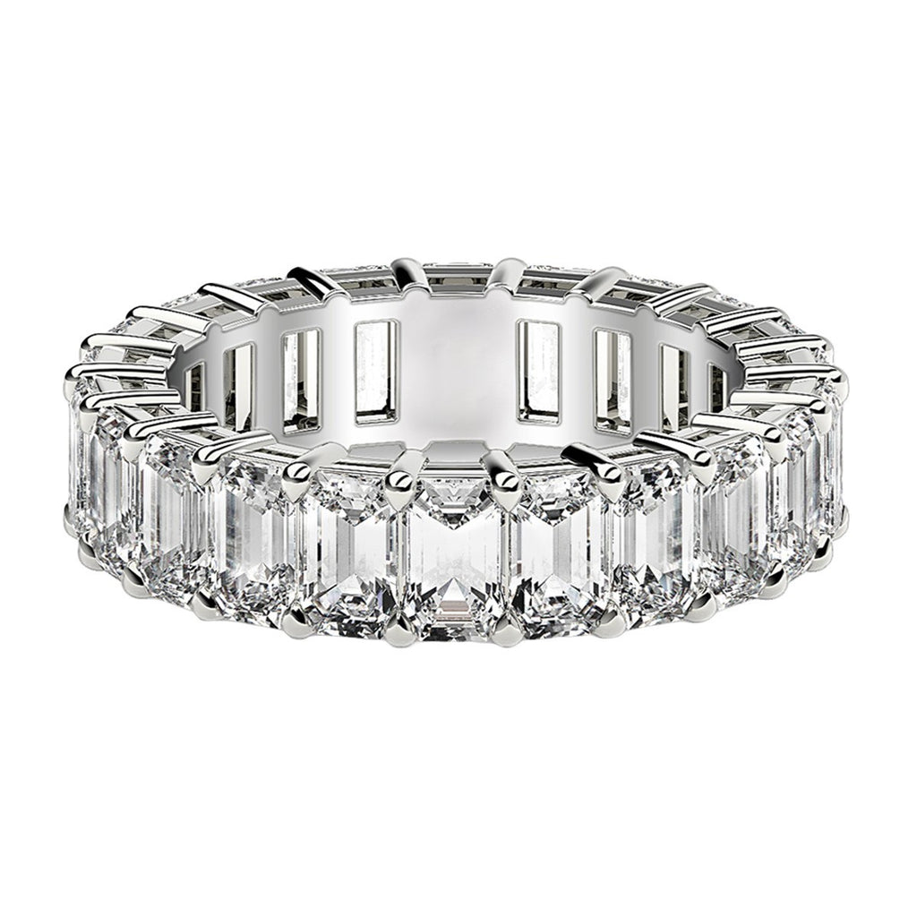 Emerald cut lab-grown diamond eternity ring in 14k white gold, featuring a modern prong setting and 5 cttw brilliance.