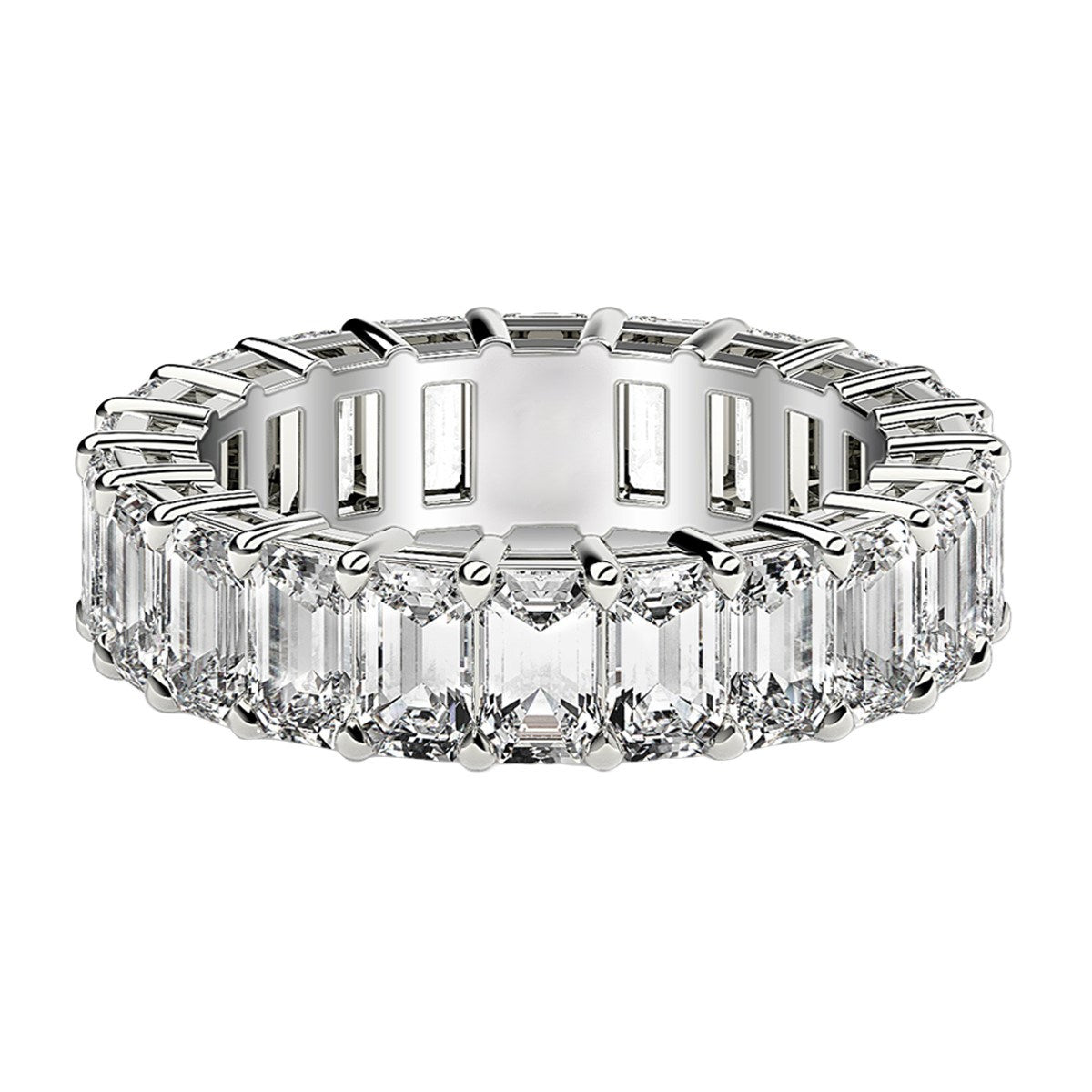 Emerald cut lab-grown diamond eternity ring in 14k white gold, featuring a modern prong setting and 5 cttw brilliance.