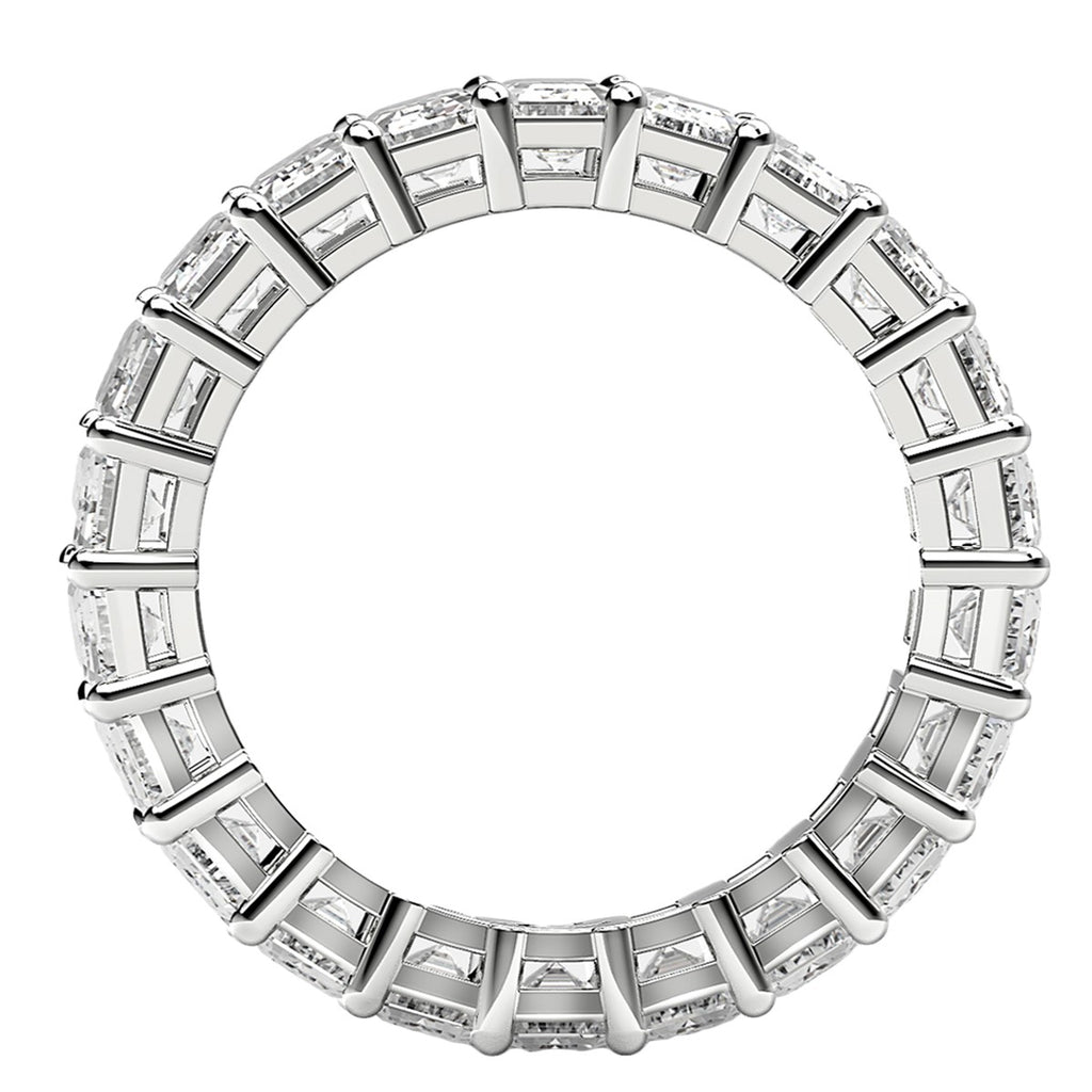Emerald cut lab-grown diamond eternity ring in 14k white gold, featuring a modern prong setting and 5 cttw brilliance.
