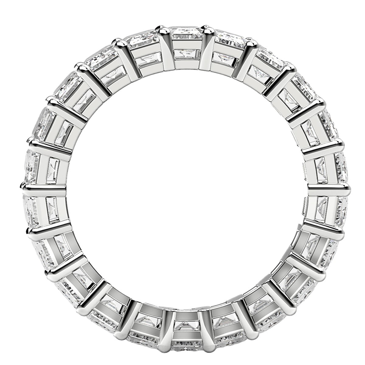 Emerald cut lab-grown diamond eternity ring in 14k white gold, featuring a modern prong setting and 5 cttw brilliance.
