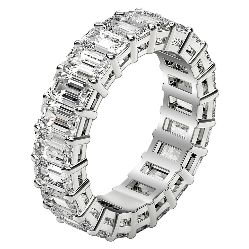 Emerald cut lab-grown diamond eternity ring in 14k white gold, featuring a modern prong setting and 5 cttw brilliance.
