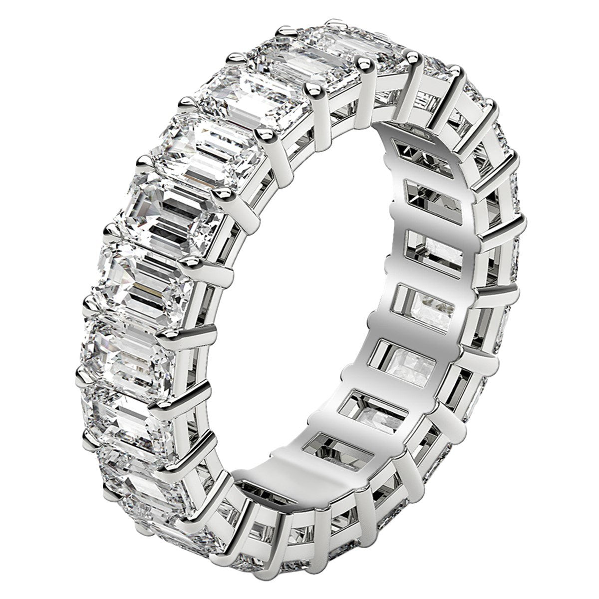 Emerald cut lab-grown diamond eternity ring in 14k white gold, featuring a modern prong setting and 5 cttw brilliance.